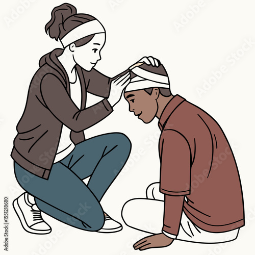 Assisting a wounded individual, showing compassion and care through first aid