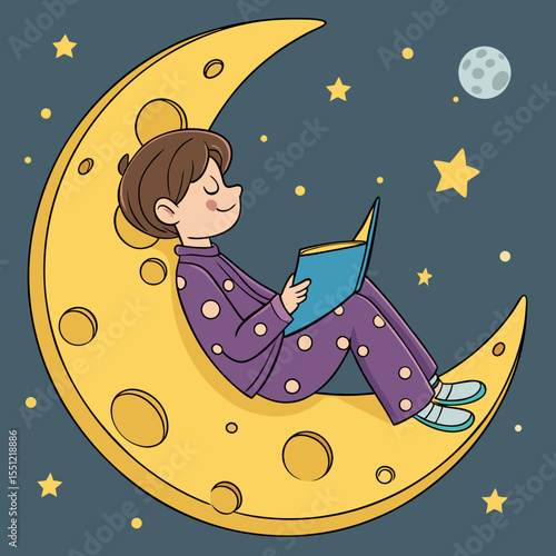 Child's Tranquil Reading Nook on a Crescent Moon amidst Starry Night Sky