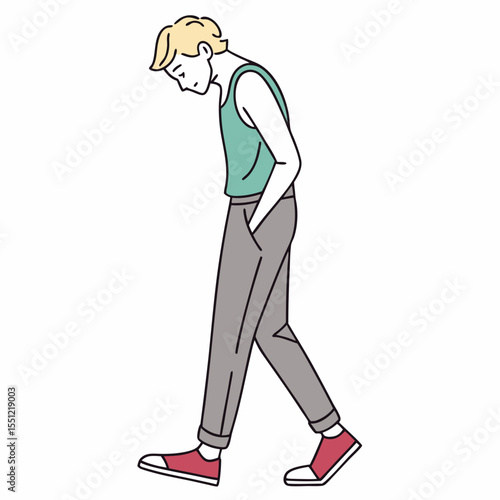 Contemplative male figure in stylized illustration with downcast gaze portrayal