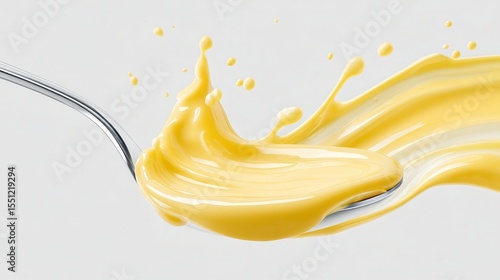 A 4K photo of yellow butter scoop on spoon with melting texture, floating dairy mockup over white background for clean food branding and product display.
