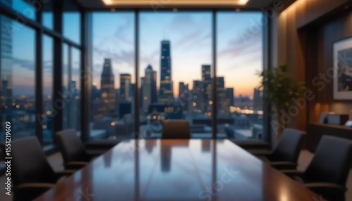 Corporate boardroom with a cityscape view during sunset office blurred background.