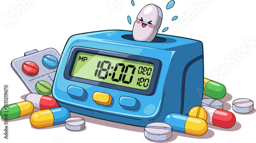 Cartoon Digital Clock with Pill Character and Colorful Pills Around It