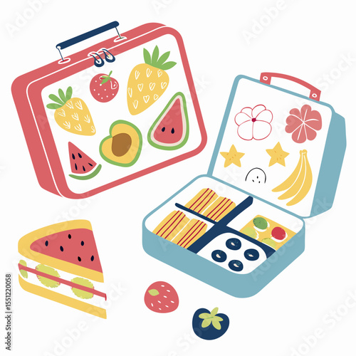 Playful illustration of colorful lunchboxes filled with nutritious snacks and fruits