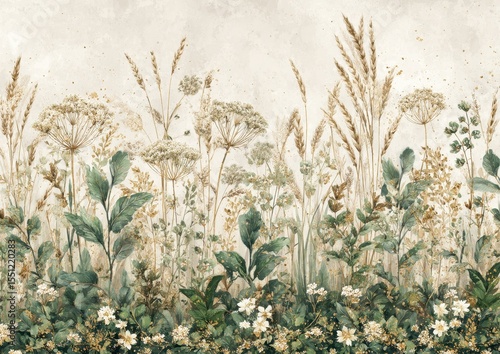 A serene watercolor-style mural depicting a field of wildflowers and grasses in muted golds and greens against an off-white backdrop.  Gold speckles add a touch of ethereal shimmer