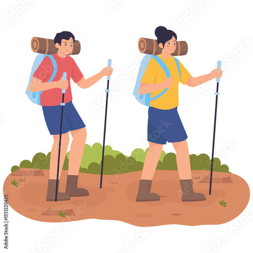 Camping Adventure Illustation. Vector illustration of A man and woman hiking together with backpacks and trekking poles through the forest. Isolated on background