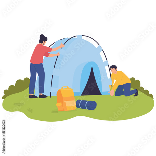 Camping Adventure Illustation. Vector illustration of A couple works together to set up their camping tent surrounded by supplies and gear. Isolated on background