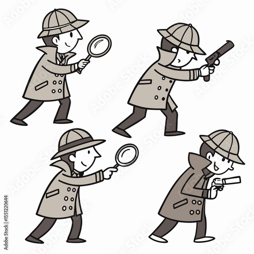 Illustrative depiction of a detective cartoon character in various stances