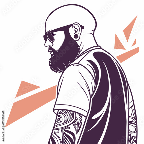 Stylized vector portrait of a bald man with beard and sunglasses artwork