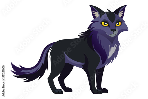 A Stylized Cartoon Wolf Standing Alertly With Glowing Yellow Eyes and Dark Fur, Showing Canine Features and Expressive Animation Style
