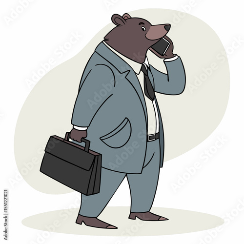 Bear in a suit, portraying a business professional on a mobile device