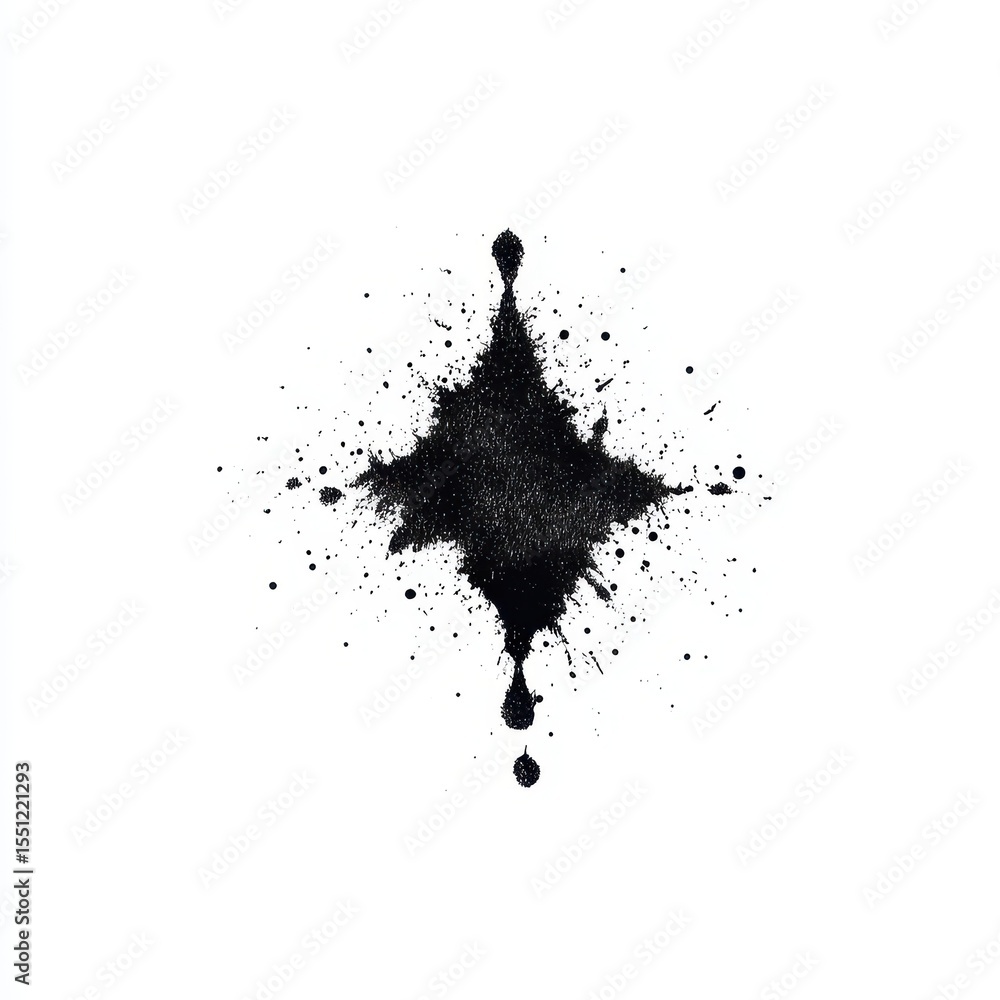 Fototapeta premium Abstract ink splatter forming a dark, diamond-like shape with radial splatters and drips on a white background