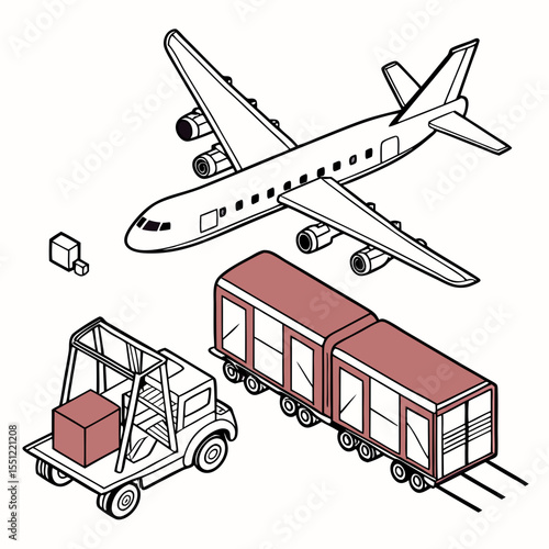 Isometric view illustration showing air, rail, and road transportation methods