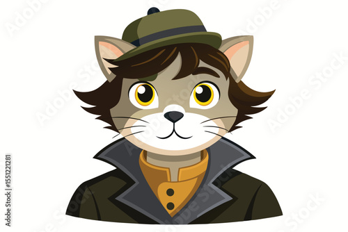 Cartoon Cat Character in Detective Outfit with Brown Hair Wearing Hat and Trench Coat Ready to Solve Mysteries