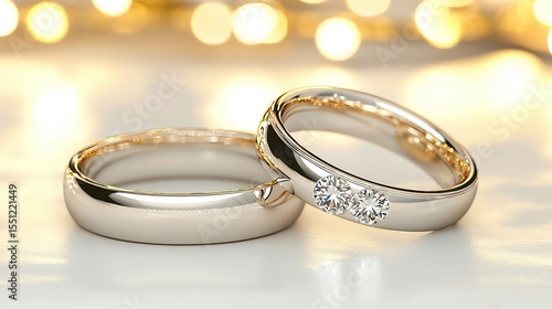 a pair of diamond wedding rings with a romantic luxury lighting background