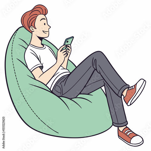 Relaxed young person using a phone while sitting on a beanbag chair illustration