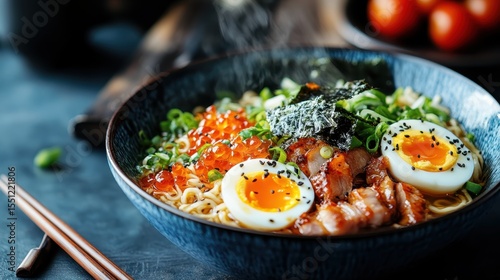 A beautifully presented ramen bowl featuring various toppings like soft-boiled eggs, seaweed, and green onions. The image showcases the delicious combination of ingredients, making it appetizing.