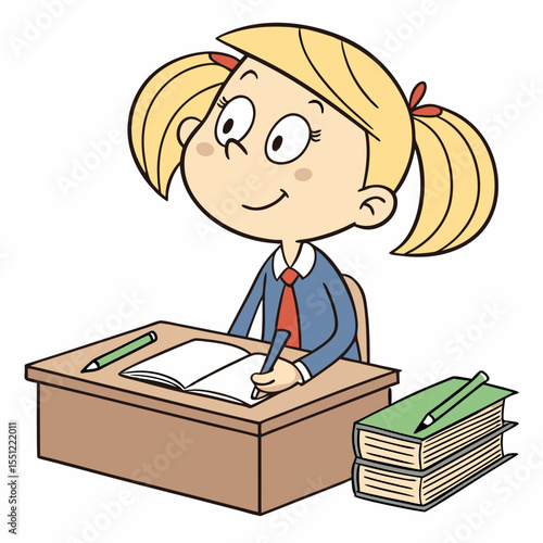 Illustration of a cheerful blonde girl diligently studying at her school desk