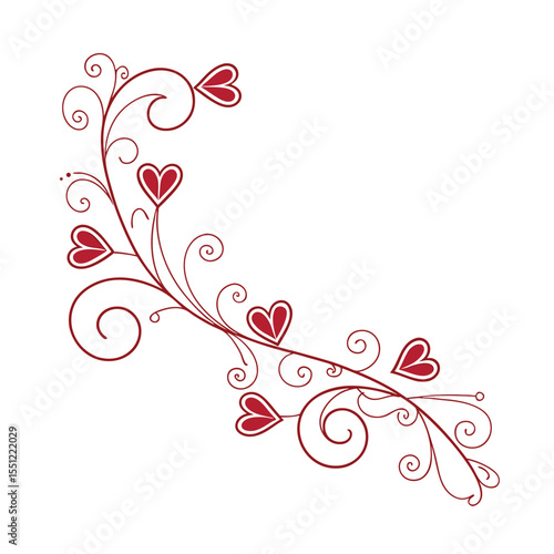 Romantic Flourish Design: Burgundy Hearts and Swirls on White Background