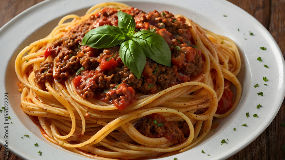Delicious Spaghetti Bolognese with Basil Garnish: Close-up Studio Shot of Classic Italian Pasta Dish Delicious Spaghetti Bolognese with Basil Garnish: Close-up Studio Shot of Classic Italian Pasta Dish