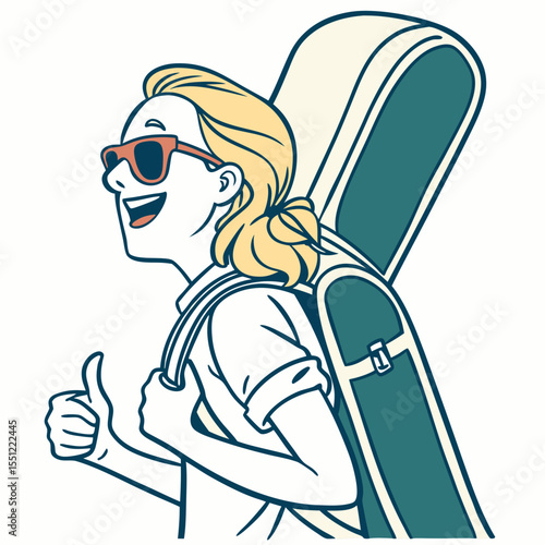Enthusiastic traveler with guitar case in cartoon style evoking cheerfulness