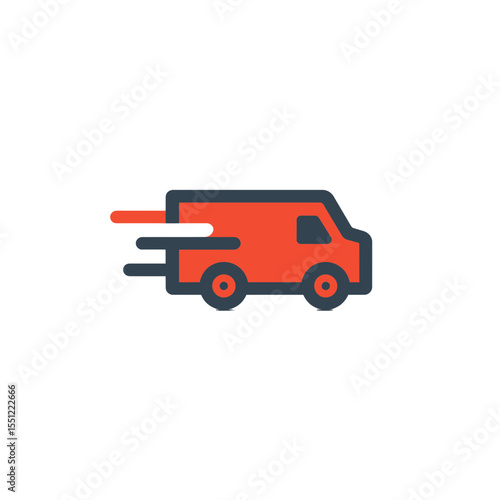 Red delivery van rushes quickly on plain white background shipping icon