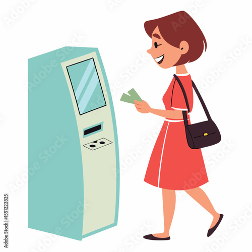 Cartoon illustration showcasing a woman withdrawing cash at an automated teller machine