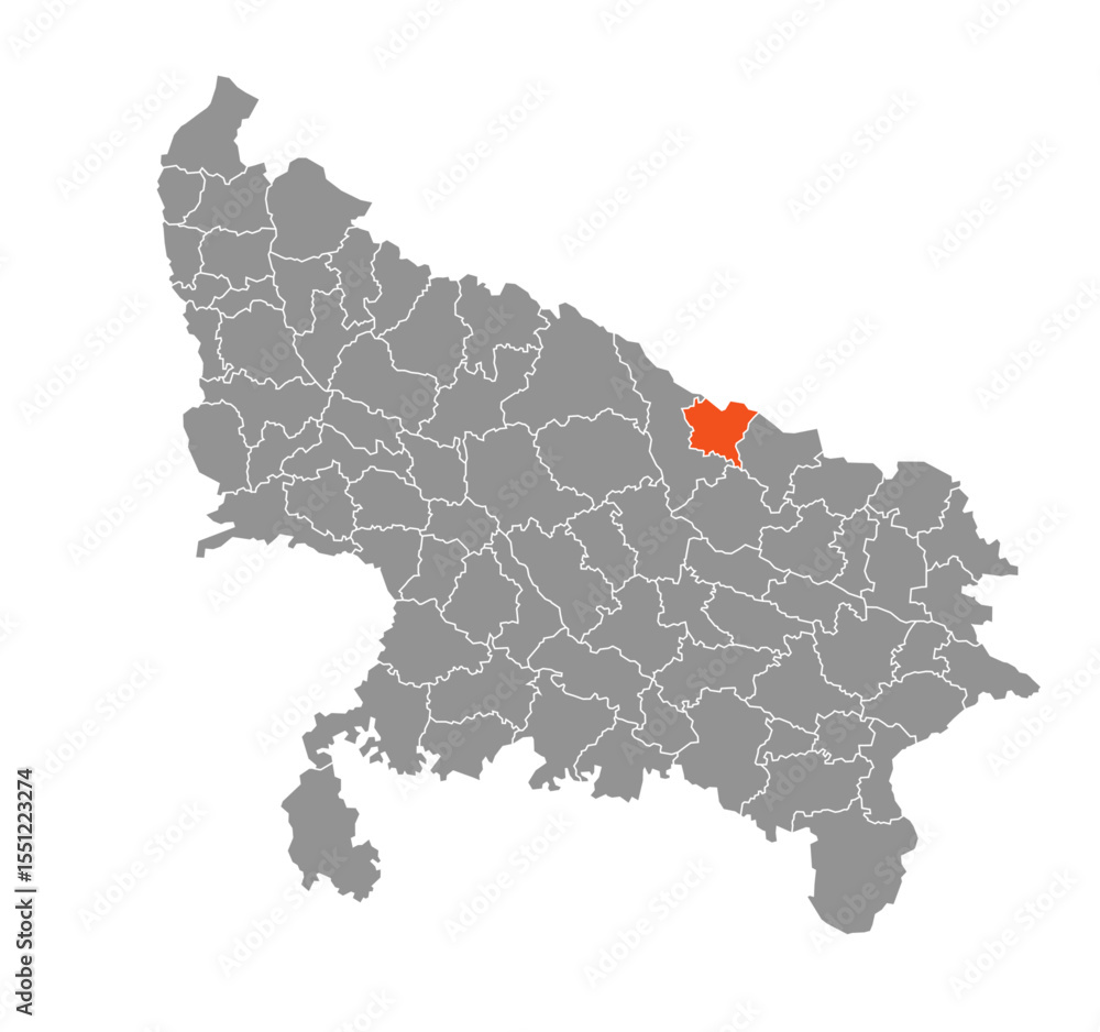 Obraz premium Shravasti District Highlighted in Uttar Pradesh State Map of India
