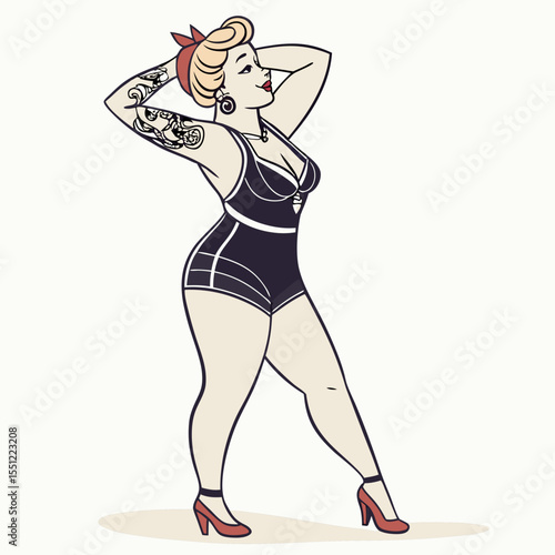 Curvaceous vintage style woman illustration with tattoos posing confidently