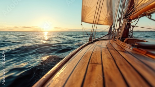 A breathtaking view of a classic sailing boat gliding over gently rippling water during a vibrant sunset, capturing the essence of nautical adventure and tranquility.
