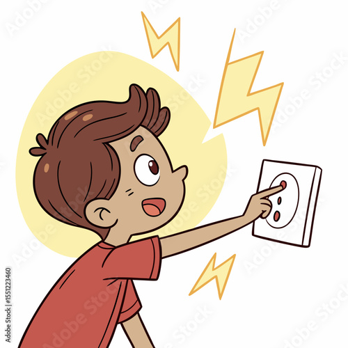 Illustrative depiction featuring a child playfully interacting with a power outlet