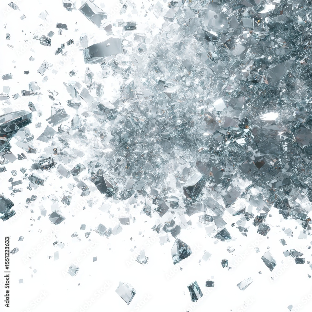 Obraz premium A chaotic explosion of numerous, fragmented, shimmering, grey-blue glass shards against a stark white background