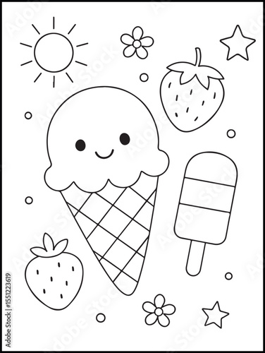 Ice Cream Coloring Page for Kids – Smiling Ice Cream Cone, Strawberry, and Popsicle. Perfect for summer fun! Great for toddlers and preschoolers learning about fruits and treats.