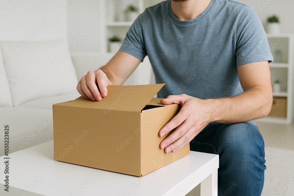 Man unboxing delivery package in living room. concept of surprise gift, excitement, home activity, and receiving mail, online shopping, home delivery Man unboxing delivery package in living room. concept of surprise gift, excitement, home activity, and receiving mail, online shopping, home delivery