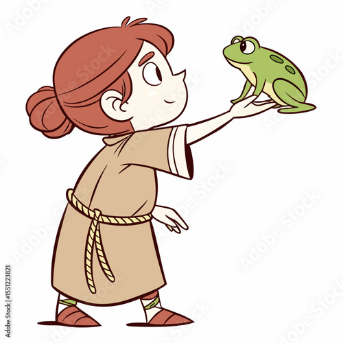 Girl's curious observation: A young person examines a frog with childlike fascination