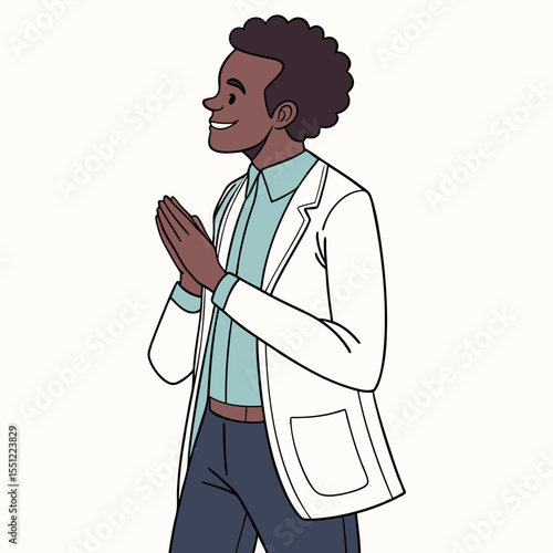 Animated young professional showcasing confident gesture in modern business attire