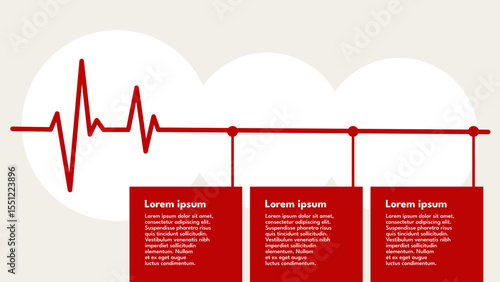 ekg line, business process health, company condition – infographic template with three text fields – vector illustration
