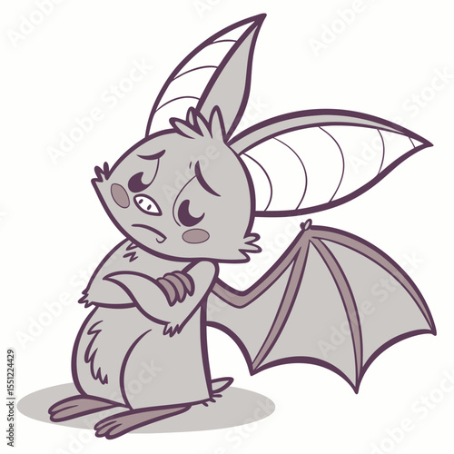 Pensive bat illustration with arms crossed, depicting sadness in a stylized manner