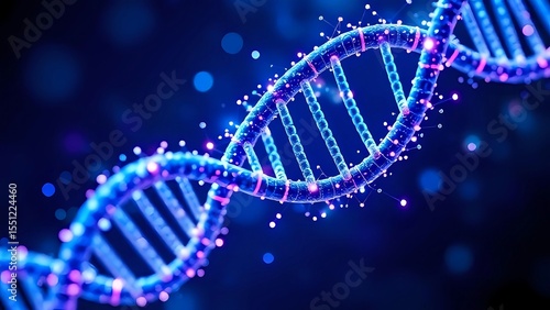 Glowing Blue and Purple DNA Helix with Sparkling Particles on Dark Background