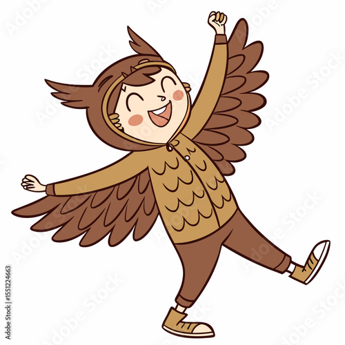 Joyful child dressed in an owl costume spreading happiness and wings