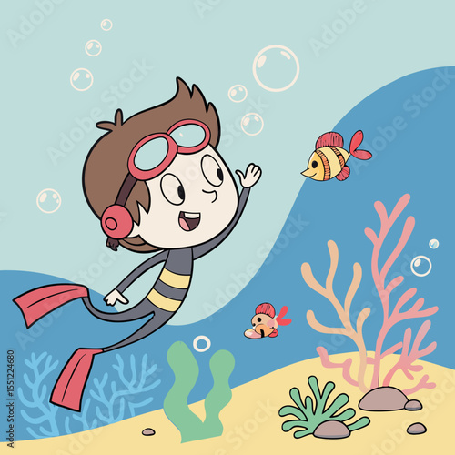 Cartoon boy underwater exploration with colorful fish and coral reef scenery