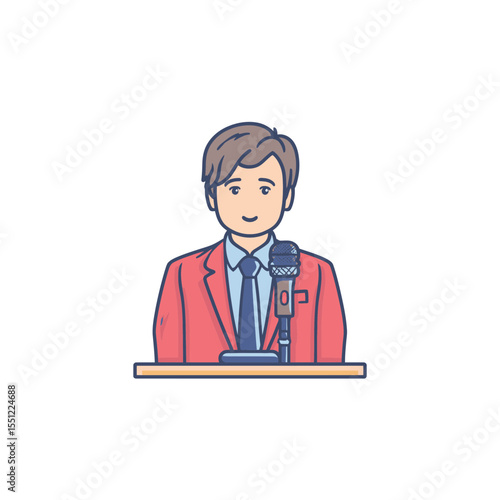 Cartoon speaker presents speech at podium onstage indoor illustration