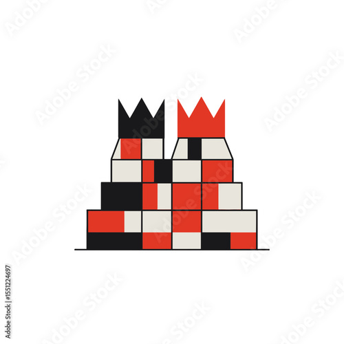 Geometric kings compete abstractly on tiered platforms in a minimalist scene design illustration