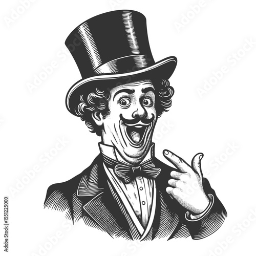 man in a top hat and bow tie with a surprised expression, pointing dramatically at himself sketch engraving generative ai fictional character vector illustration. Scratch board. Black and white image.