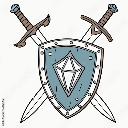 Cartoonish heraldic shield adorned with a diamond and crossed swords illustration