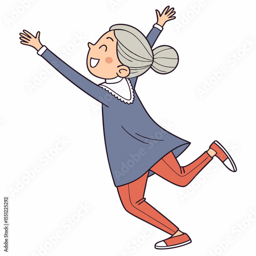 Animated illustration of a joyful senior woman expressing exuberance and freedom