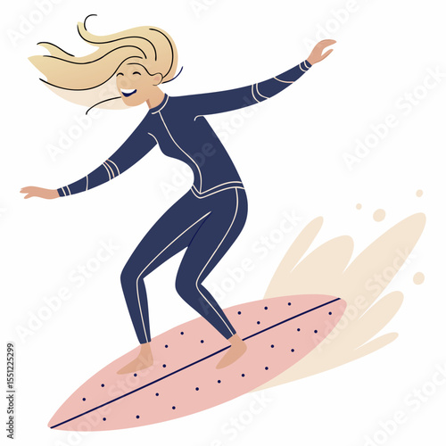 Enthusiastic blonde woman gracefully surfing with confidence and joy on a sunny day