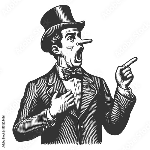 surprised man with a long nose, dramatically pointing and denying guilt sketch engraving generative ai fictional character vector illustration. Scratch board imitation. Black and white image.