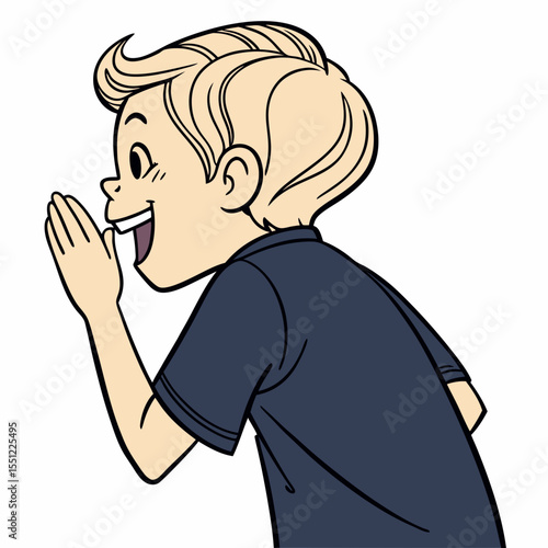 Blond boy character exclaiming or whispering, illustration with outlined design