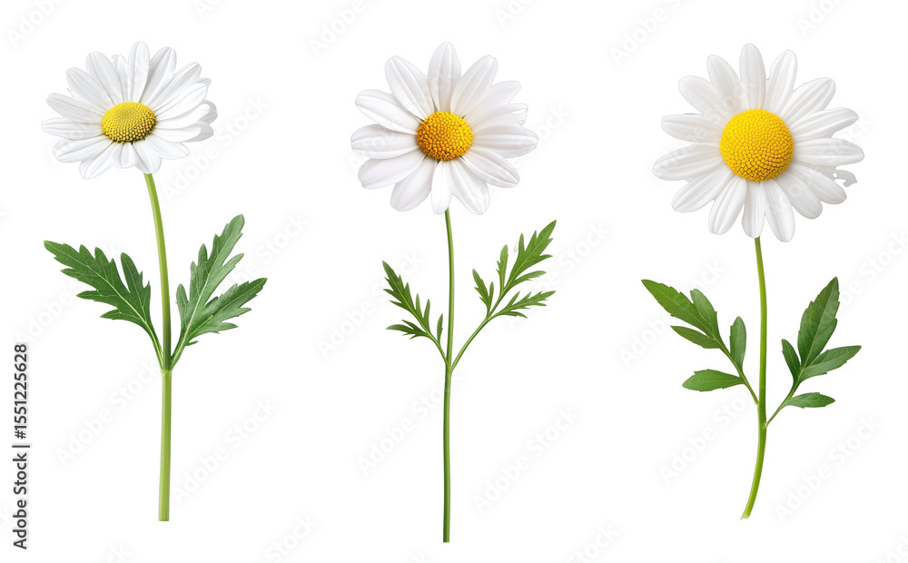 Fototapeta premium Three daisy flowers with vibrant white petals and green leaves