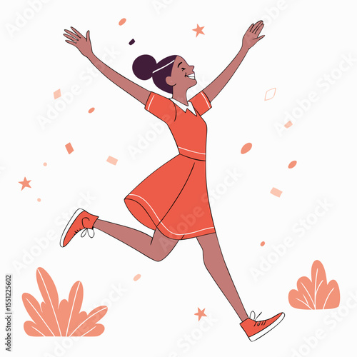 Joyful celebration: An elated woman embracing freedom with open arms illustration